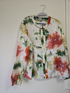 Sequin Floral Button-Front Jacket in White, Green & Coral
